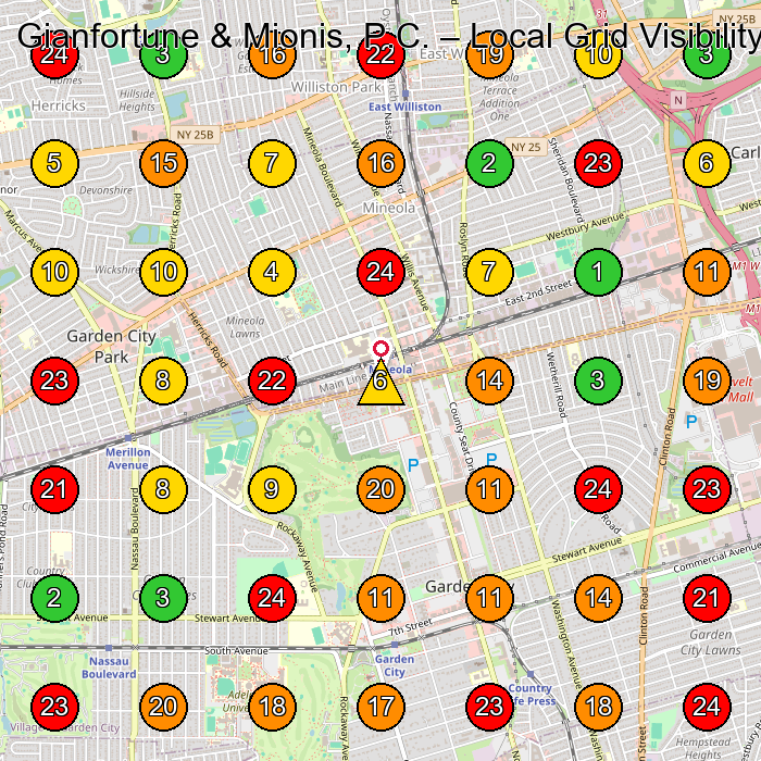 Gianfortune & Mionis, P.C. Personal Injury Attorney GeoGrid ranking map for Mineola NY